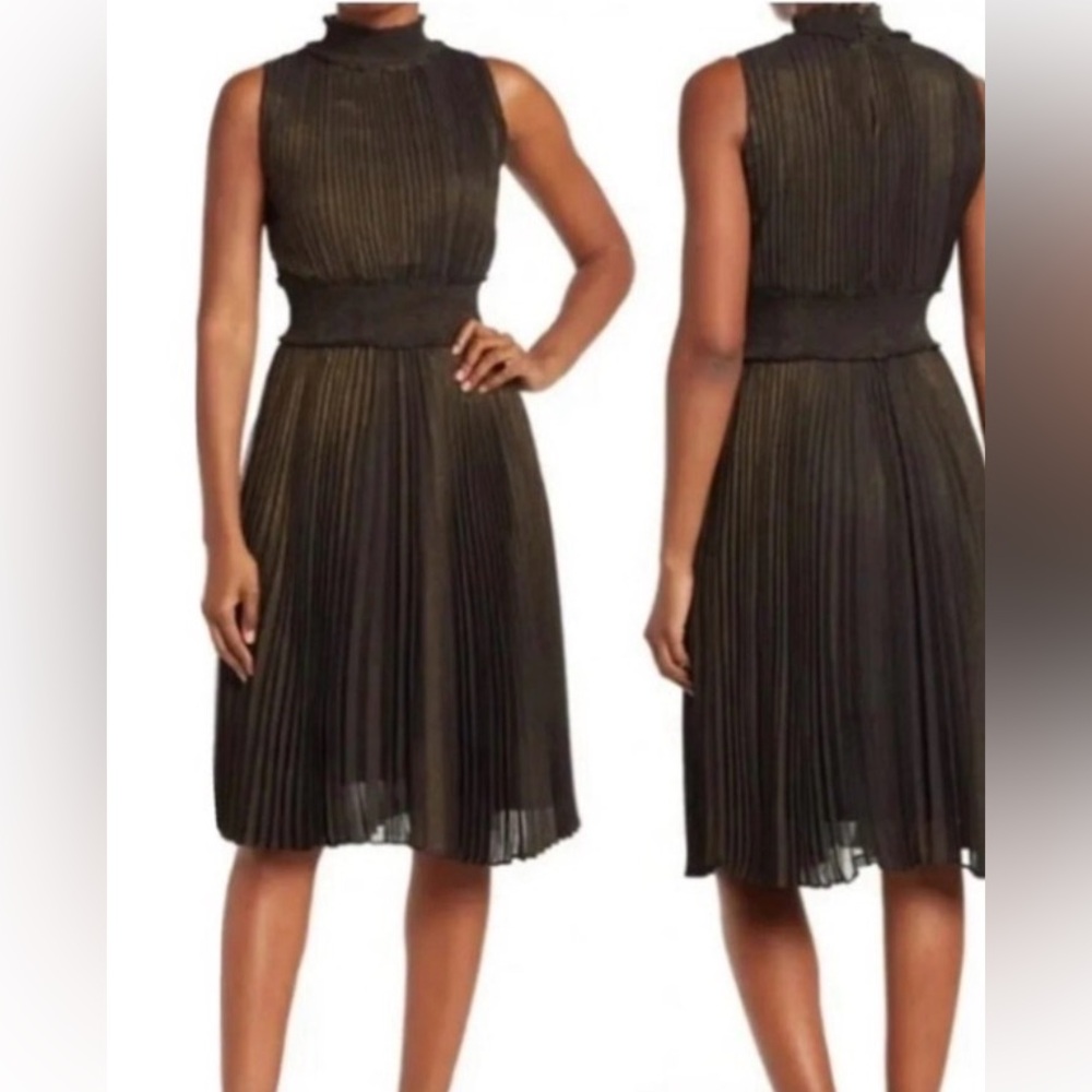 Nanette Lepore Black Gold Pleated Dress Sleeveless Knee Length Size 4